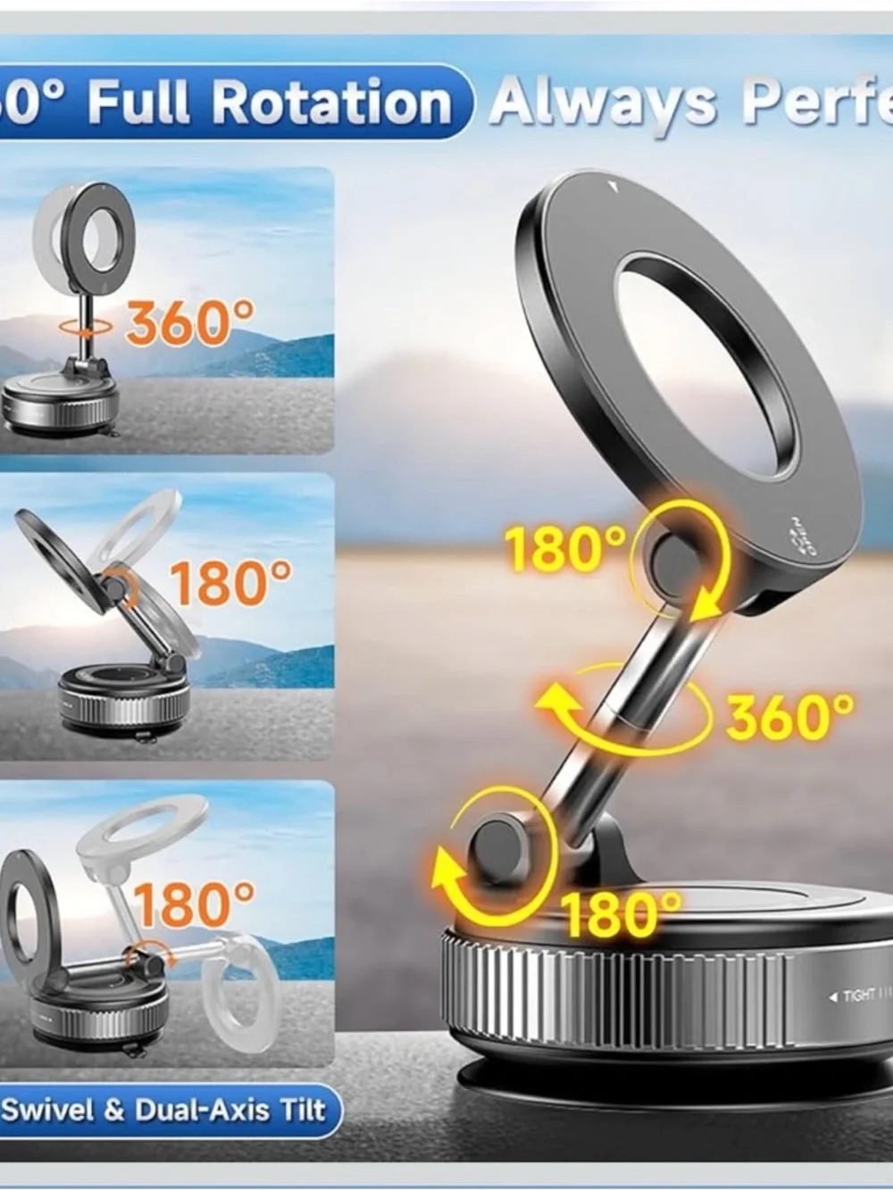 Universal Black Magnetic Phone Mount with Rotating Ring and Foldable Arm K007